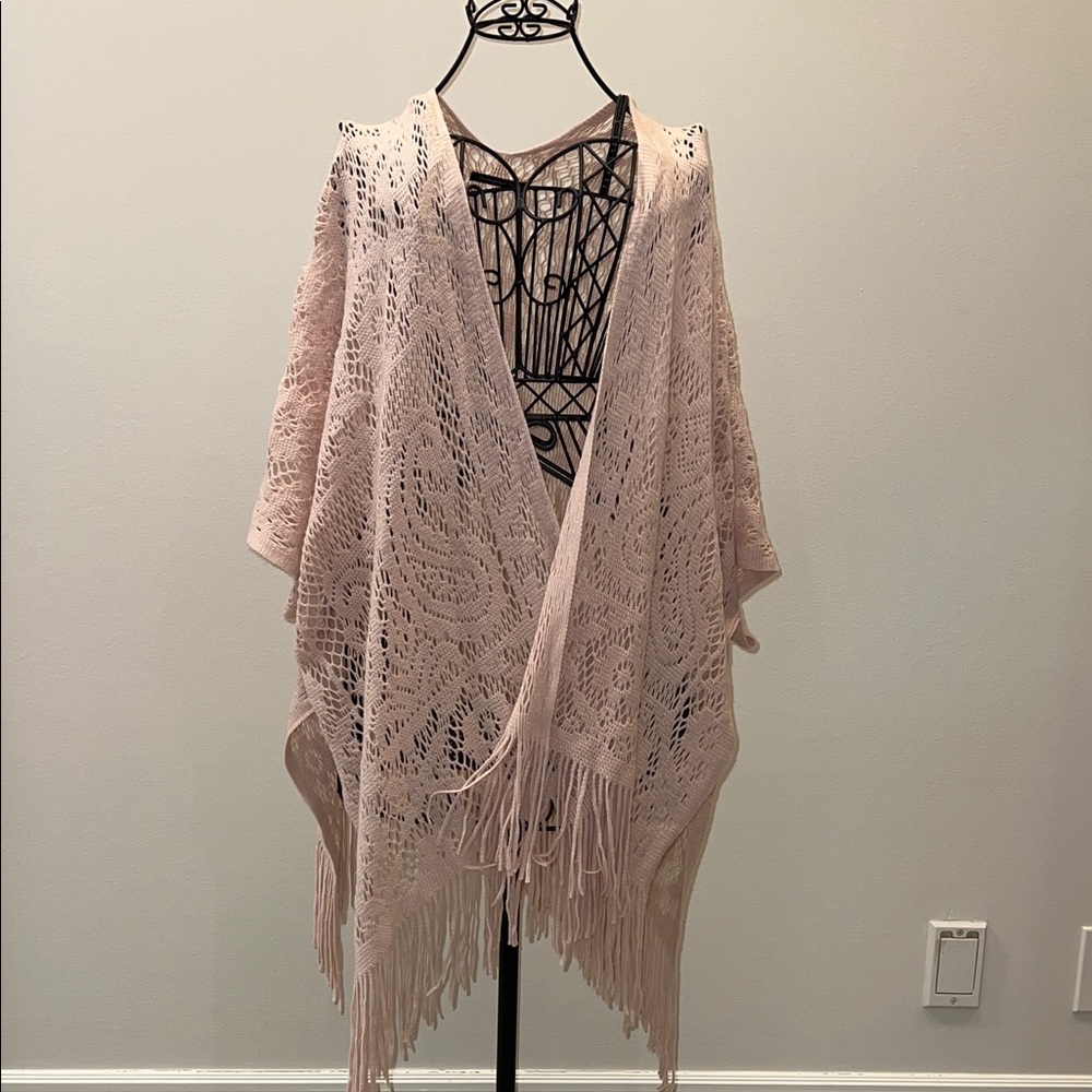 Do Everything In Love Pink Crochet Knit Fringe Kimono